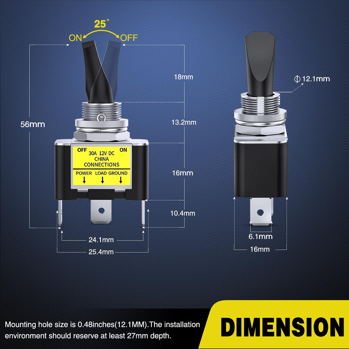 5PCS LED Toggle Switch ON Off 12V 30A Yellow Lighted Metal Heavy Duty SPST 3 Pin Rocker Switches 12mm Mounting Hole for Automotive Cars Trucks Boats Racing Cars