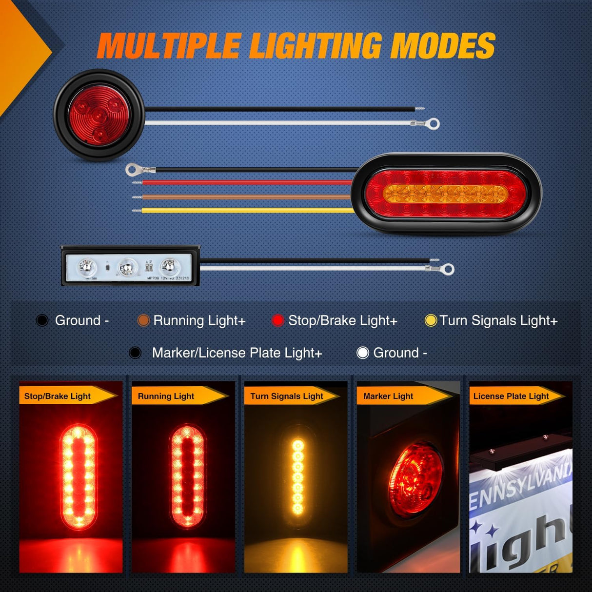2 PCS Steel Trailer Light Boxes Housing Kit 3LED License Plate Lights 6 Inches Oval Red Amber Tailight 2 Inch Round Side Marker Lamp Grommet Plugs for Truck Tractor Car