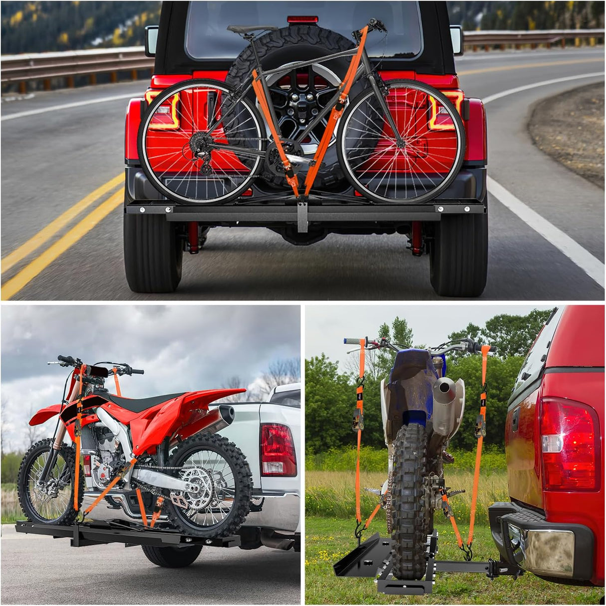 Motorcycle Hitch Carrier 600LBS, Heavy Duty Dirt Bike Hitch Hauler with 55.11 Inch Longer Ramp, Pin, Tie-Down Strap and Tightener, 2 Inch Receiver, 5 Inch Wide Tire