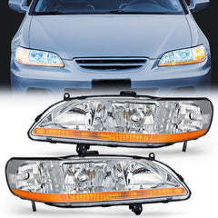 1998-2002 Honda Accord Headlight Assembly Chrome Case Amber Reflector Clear Lens