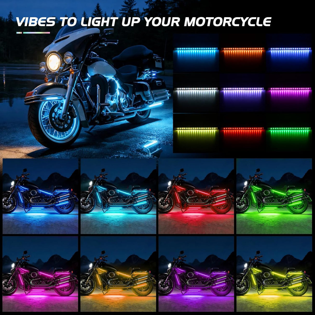 20PCS Motorcycle RGB LED Light Kit Waterproof Multi Color Atmosphere Neon Accent Lights Lamp APP and Remote Control Underbody Strips for Harley Davidson Honda Kawasaki Yamaha Suzuki
