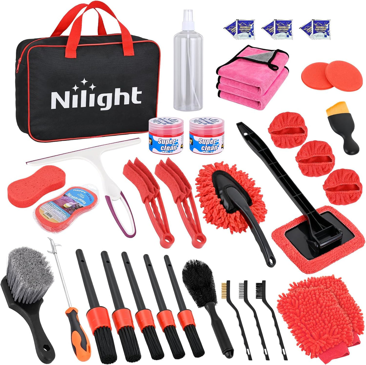 Automotive Tools 37PCS Car Detailing Kit Auto Cleaning Tools Wash Set with Storage Carry Bag Home Use for Interior Exterior Deep Clean Car Care Windshield Dashboard Seat Air Vents Wheels Tires, Red