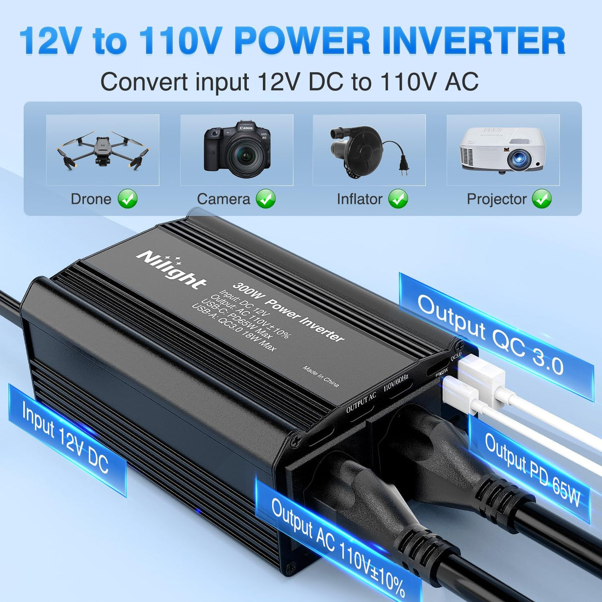 300W Power Inverter 12V DC to 110V AC Car Converter with PD 65W USB C & QC3.0 for Phones Tablets Laptop Computer Game Console Kindle iPad DVD Players Black