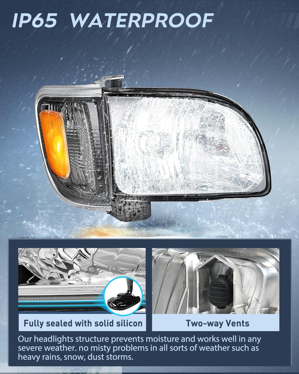 Headlight Assembly for 2001 2002 2003 2004 Toyota Tacoma Replacement Headlamp Chrome Housing Amber Reflector Smoke Lens Driver and Passenger Side