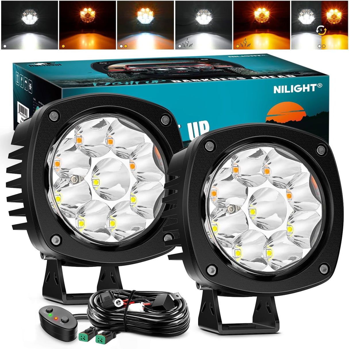 Led Offroad Lights 2PCS 4Inch 9LED Spot Amber White Strobe 6 Modes | Round Driving Light Memory Function with 16AWG Wiring Harness Kit for Truck Pickup SUV ATV UTV Motorcycle 4x4 Car