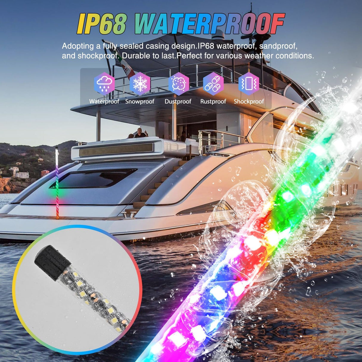Boat Navigation Light 4FT Spiral LED Whip Lights 360° Visibility 2NM Coast Guard Compliant 400+ Patterns with Remote Plug-in Base Boats Stern Navlight for Night Fishing, Yacht, Pontoon
