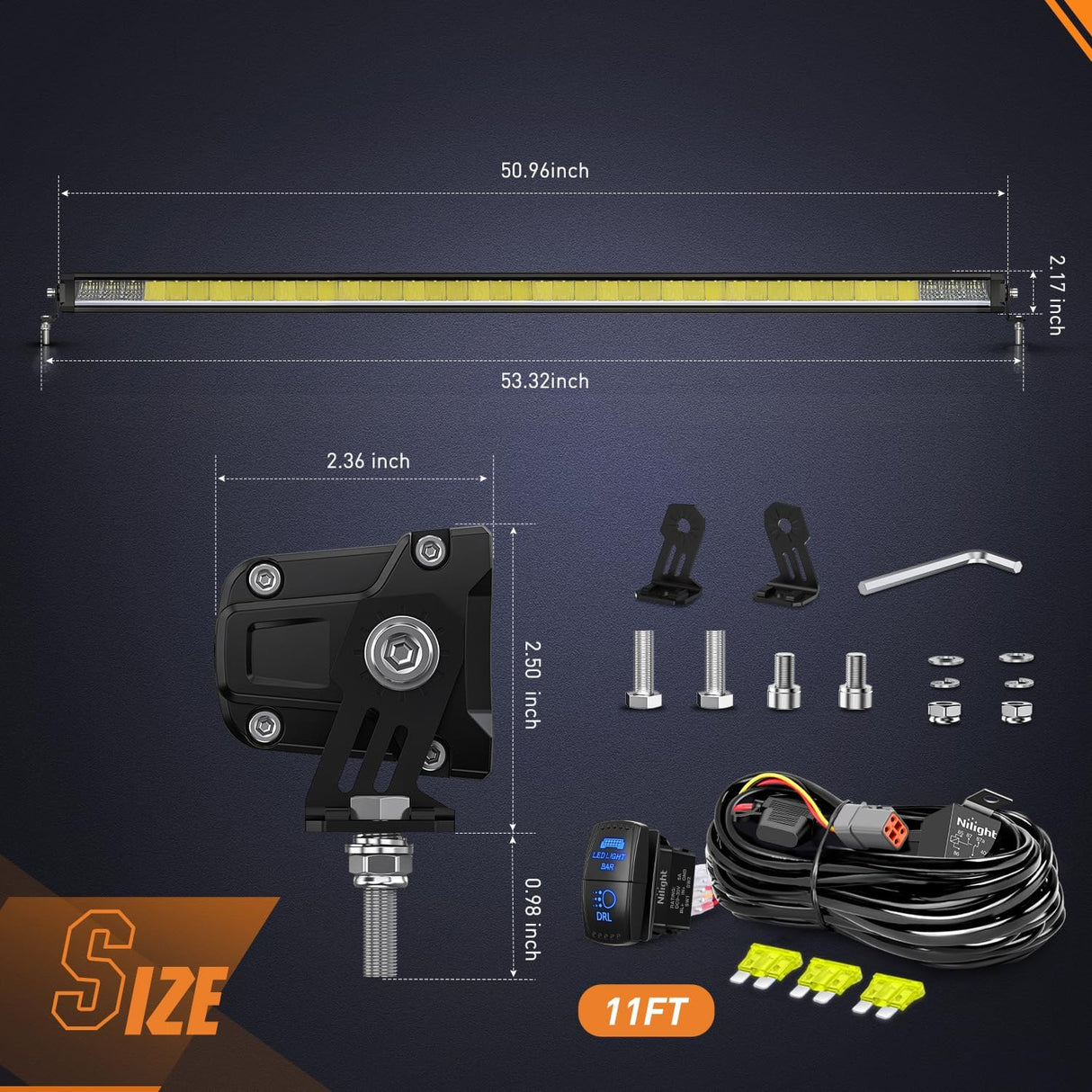 LED Light Bar with Amber DRL 50.5 Inch 210 W Single Row Anti-Glare Flood Spot Combo Slim Offroad Lights IP68 w/ 12 AWG DT Wiring Kit for Pickup Truck SUV ATV UTV Boat 4x4