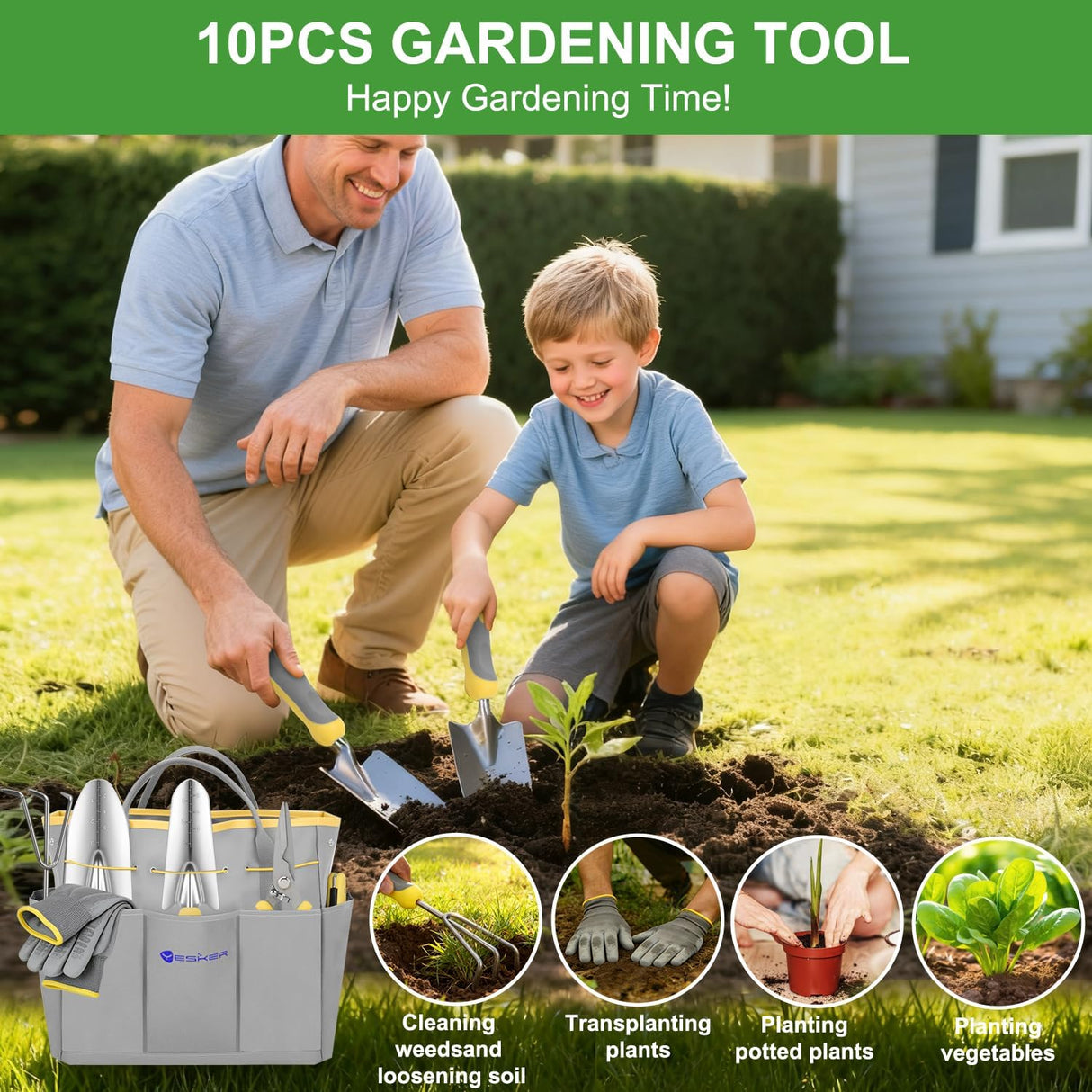 Gardening Tools 10-Piece Heavy Duty Garden Tool Set Gardening Supplies Gifts for Women Men Gardening Hand Tool Kit w Non-Slip Ergonomic Handle, Garden Bag, Durable Gloves, Pruning Shears, Gray