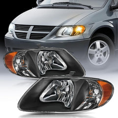 2001-2007 Chrysler Town & Country 2001-2003 Voyager 2001-2007 Dodge Grand Caravan Headlight Assembly Black Case Amber Reflector