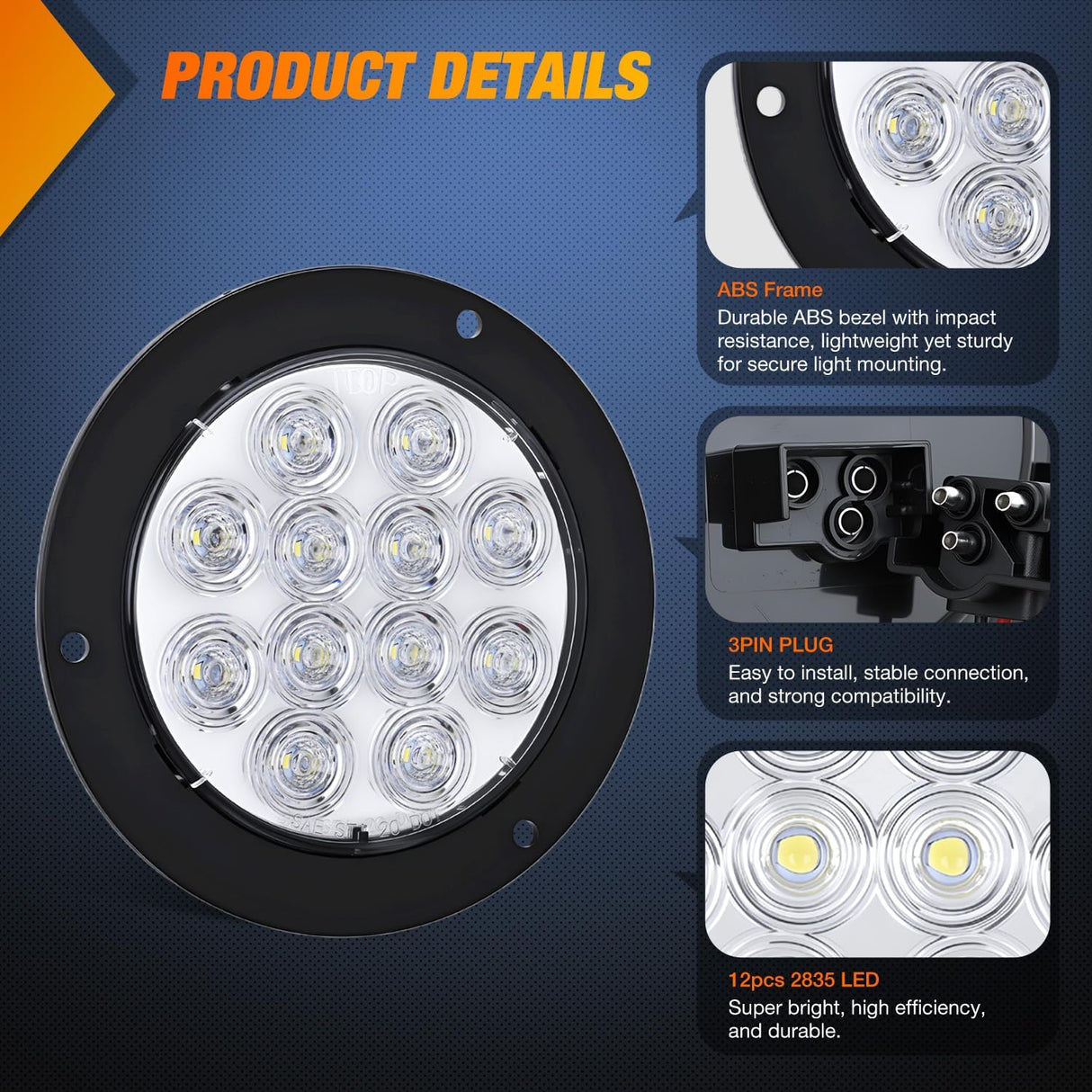 Trailer Tail Lights 2PCS 4Inch Round 12LED White Backup | IP67 Waterproof Screw Mount Marker Clearance Reverse Running Taillights for Trailer Truck Pickup Camper RV