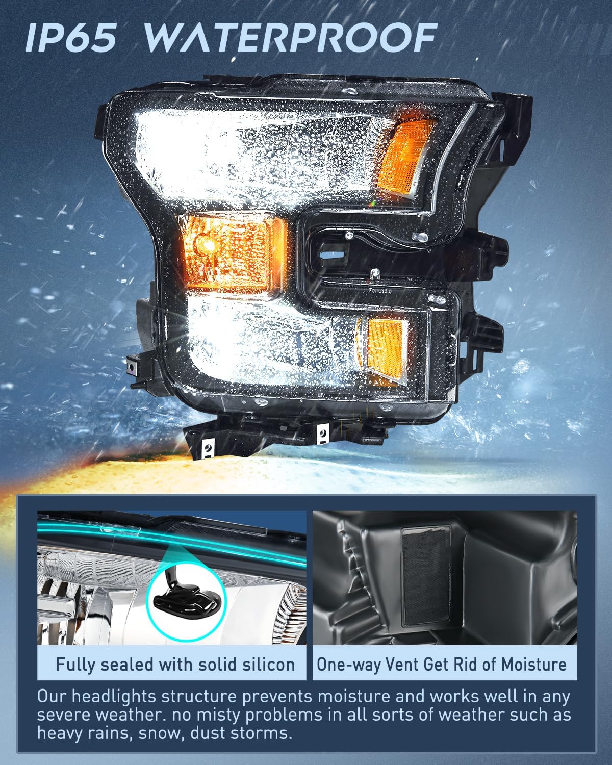 2015-2017 Ford F150 Headlight Assembly Black Housing Amber Reflector Upgraded Clear Lens Nilight