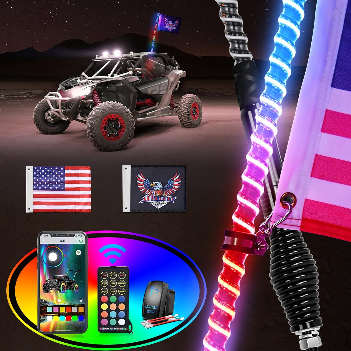 LED Whip Light 1 PC 3FT COB RGB Lighted Antenna Whips with Spring Base Remote & App Control DIY Chasing Patterns for Can-am Offroad ATV UTV RZR Polaris Dune Buggy 4-Wheeler Truck