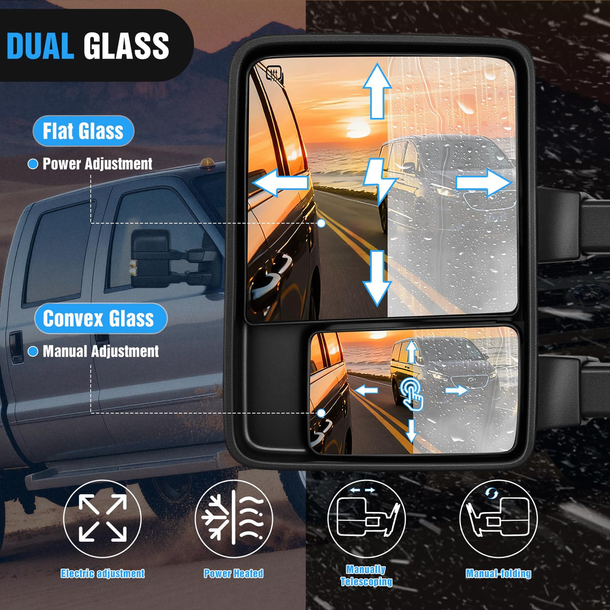 Towing Mirrors Turn Signal Puddle Lights Power Heated Adjustable Glass Manual Telescoping Folding Compatible With 2008-2016 Ford F250 F350 F450 F550 Super Duty