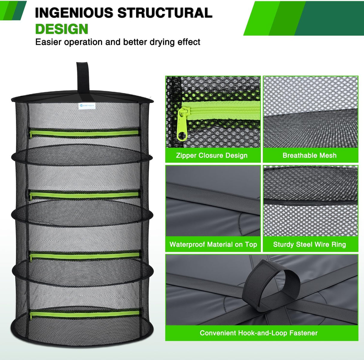 4 Layer Herb Drying Rack Hanging Mesh Net Foldable Plant Drying Racks 24 Inch w Green Zipper Pruning Shears Hook Dryer Hanging Rack for Herbs Seed Bud Fruit Clothes Grow Tent Closets Garden Outdoor