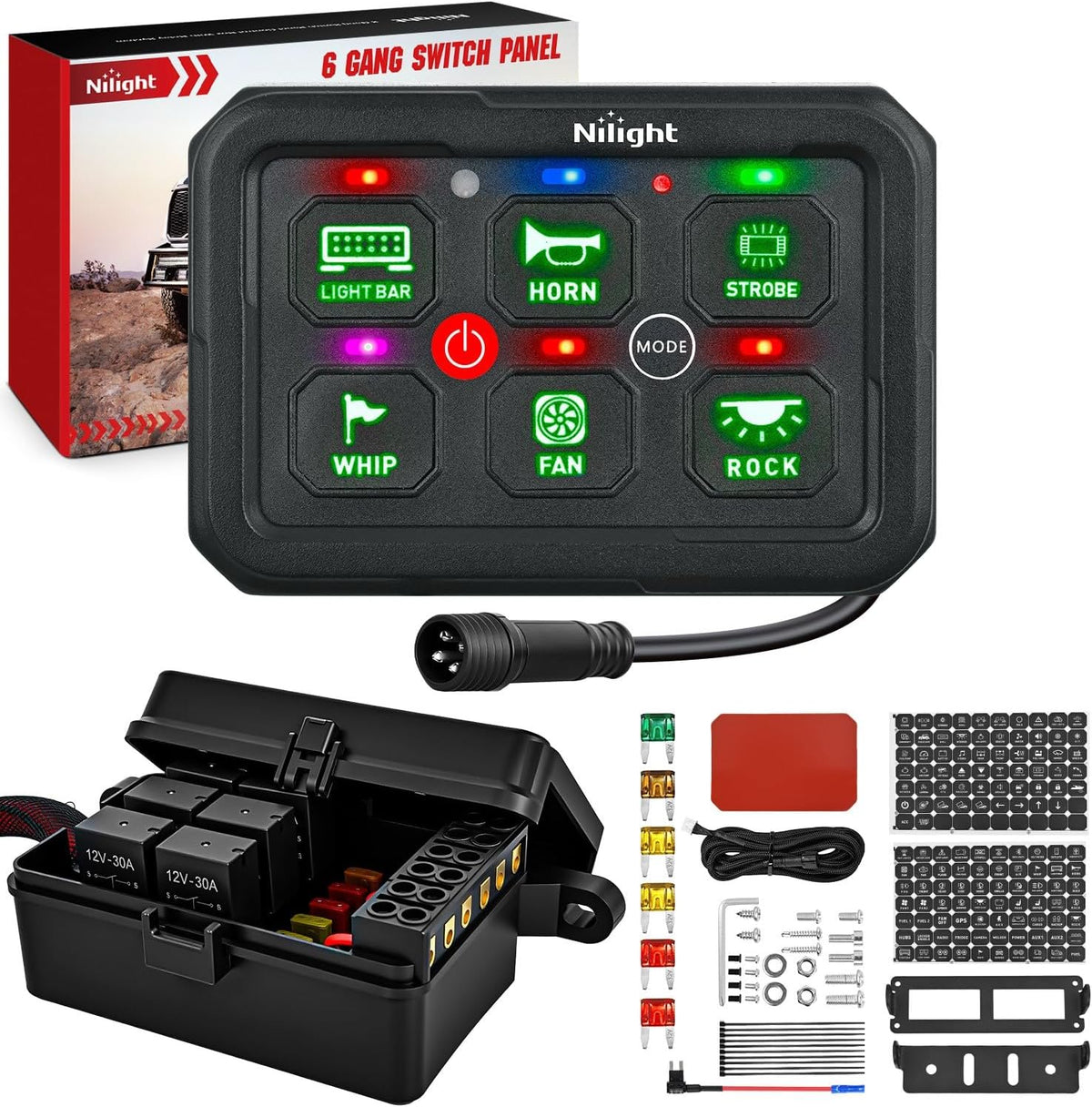 6 Gang Switch Panel Green Circuit Control Relay System with Fuse Wiring Harness Toggle Momentary Strobe Flash Modes Automatic Dimmable ON Off Pod 12V 24V for Car Truck Camper SUV
