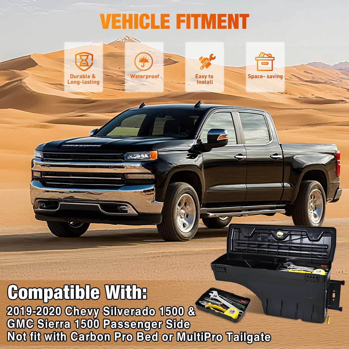 Truck Bed Tool Box Passenger Side Truck Tool Box Fit for Chevrolet Silverado 1500 GMC Sierra 1500 2019 2020 ABS Swing Case Truck Bed Storage Box with Lockable Lid Waterproof Wheel Well Toolbox