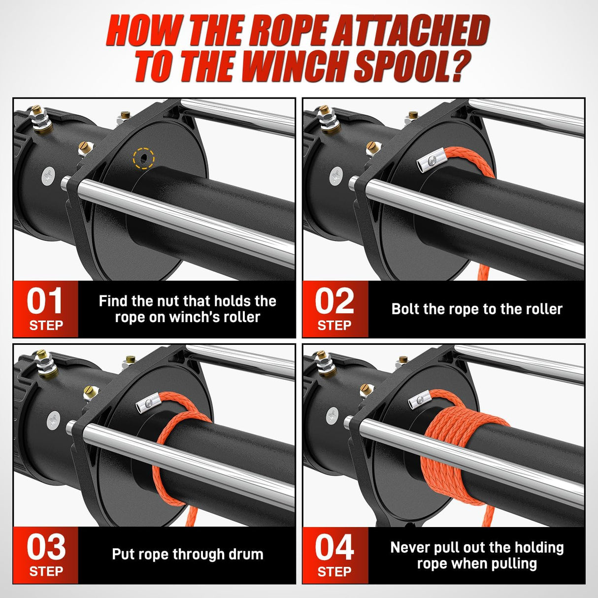 1/4 inch x 50 ft Synthetic Winch Line Cable Kit - Universal for ATV, UTV, 4x4 Off-Road Vehicle - 9000 lbs Winch Line Ropes with Steel Hook, Rubber Stopper, Protective Sleeve, Safety Strap, Orange