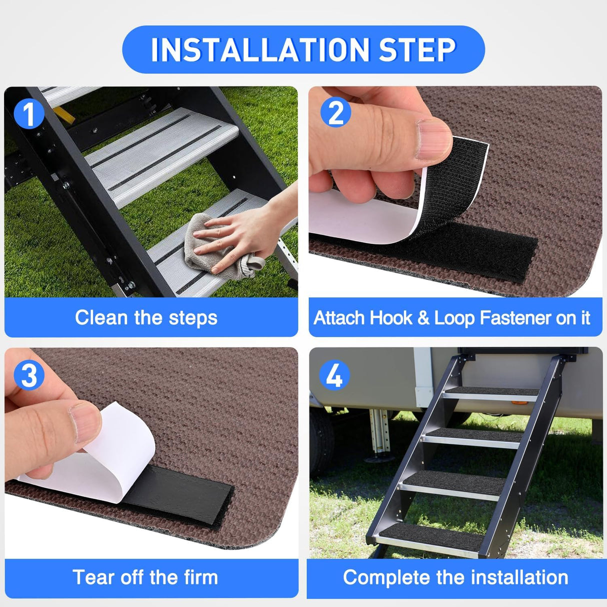 RV Step Covers 4 Pack 19 x 7.5 inches, Non Slip Camper Stair Cover Rug with Hook & Loop Works on Electrical Manual RV Stairs Carpet Step Rug for Mobile Home Camper Trailers Steps Outside, Gray