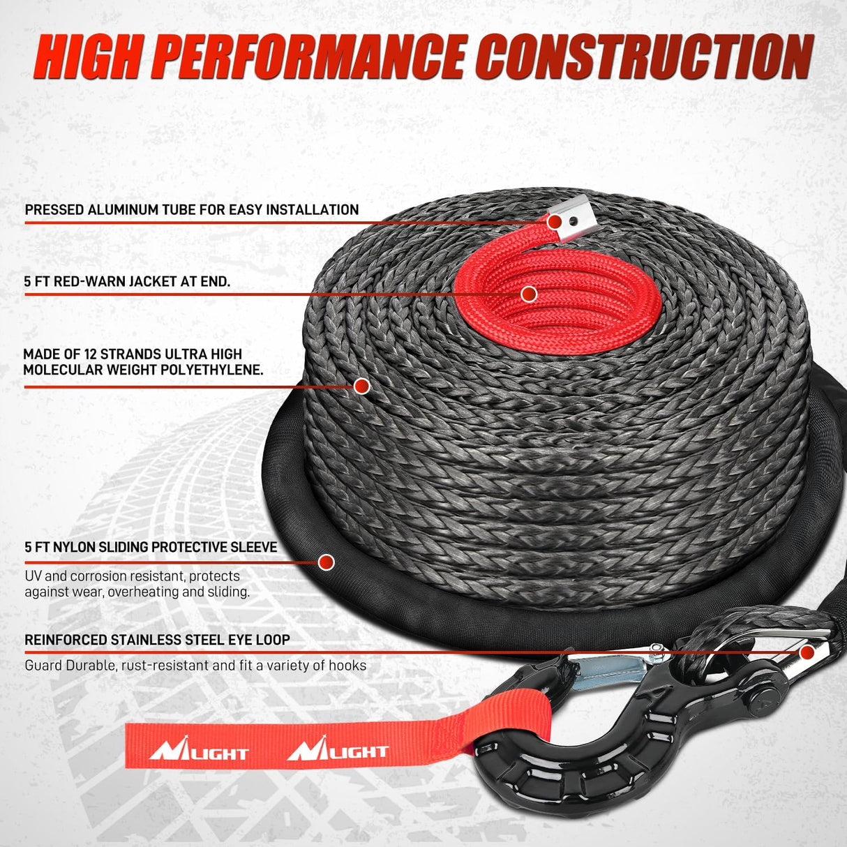 Synthetic Winch Rope Kit 3/8 Inch X 100' 25000 lbs with Red Jacket Rope Protective Sleeve Forged 35000lb Winch Hook Safety Strap Winch Cable Line for Off Road Vehicle Recovery Truck SUV, Black