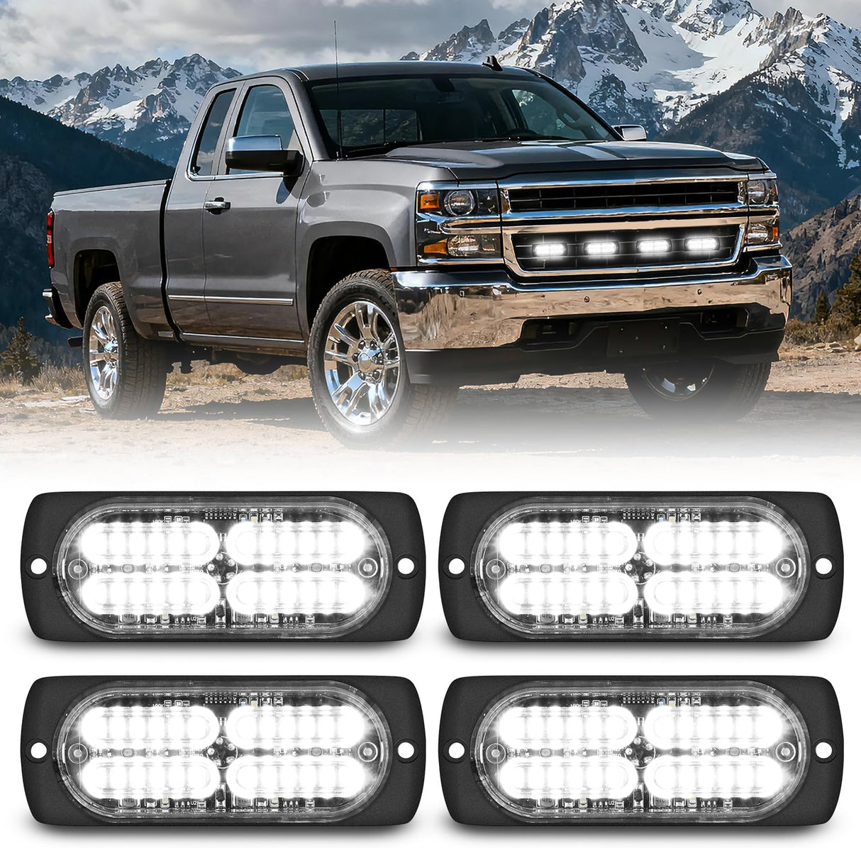 4PCS 24LED Emergency Strobe lights 12V 24V White Surface Mount Grille Hazard Safety Warning Light Sync Feature Side Flashing Marker Flash for Car Truck Campers