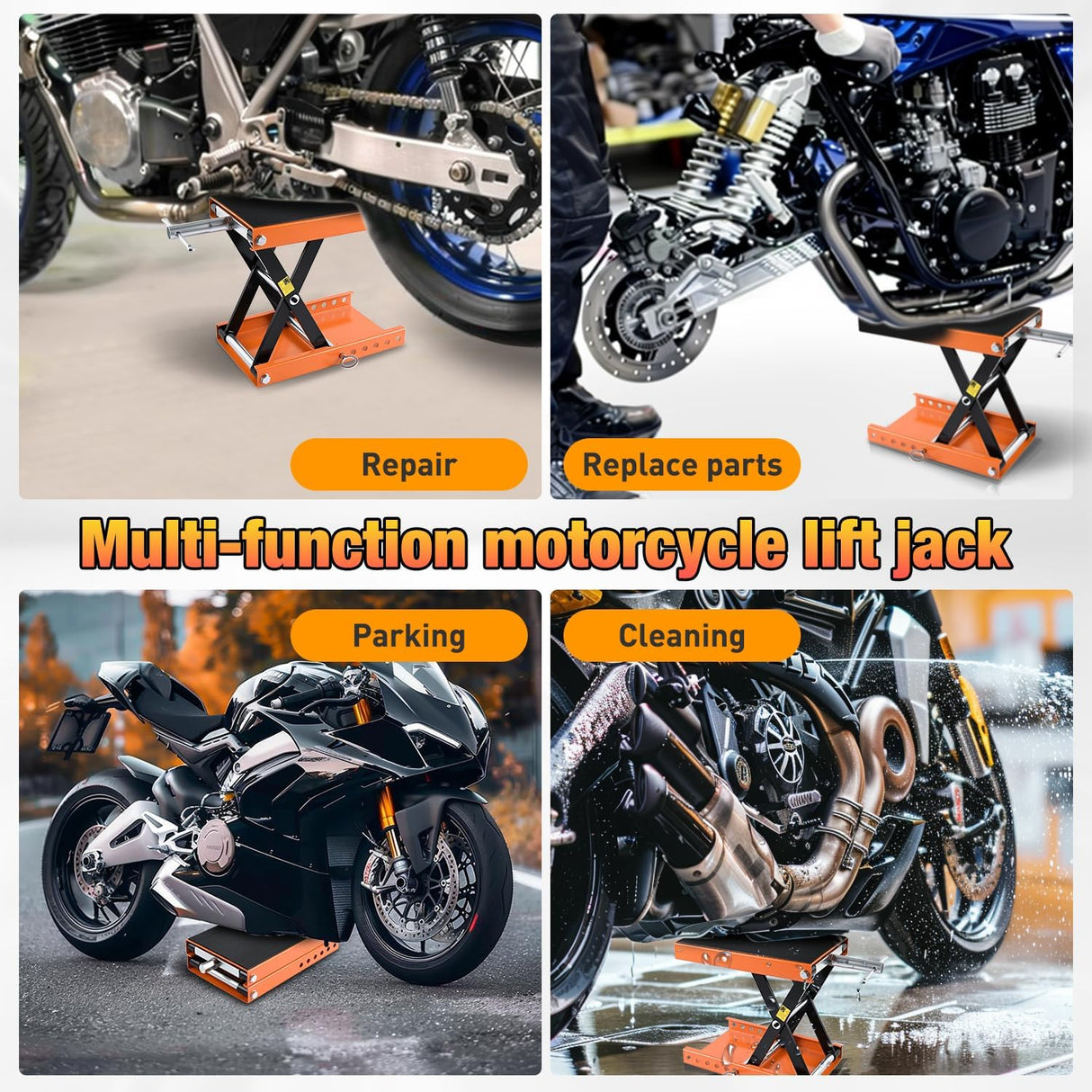 Motorcycle Lift Jack 1100 LBS Scissor Jacks Stand Lift with Wide Deck Safety Pin Handle 3.4 Inch-14.2 Inch Height Adjustable Hoist Stand Garage Repair Lifter for Motorcycles ATV Dirt Bike, Orange