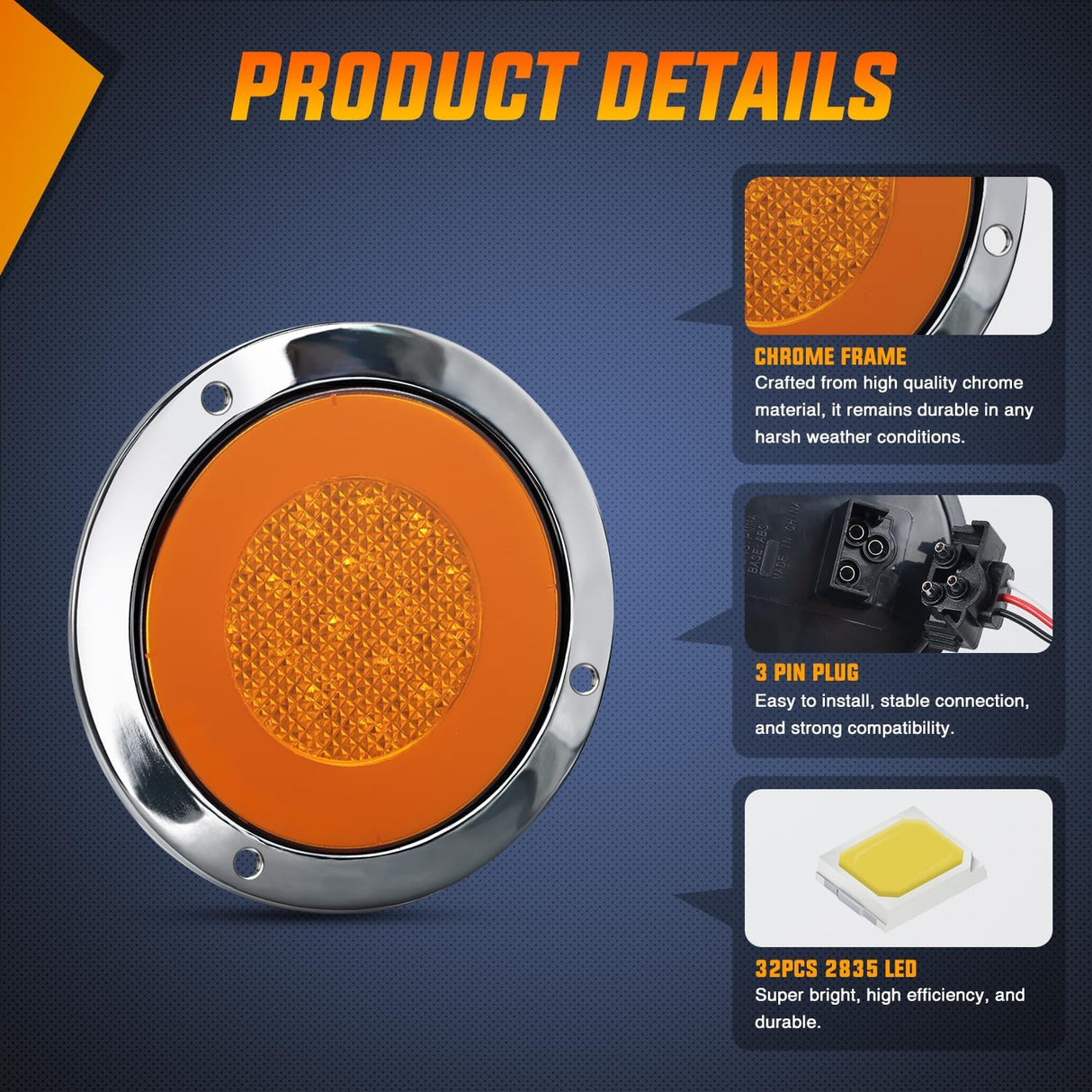 Trailer Tail Lights 2PCS 4Inch Round 32LED Amber Halo Chrome | Plated Frame Grommet Mount IP67 Waterproof Marker Clearance Turn Signal Running Taillights for Trailer Truck Pickup Camper RV