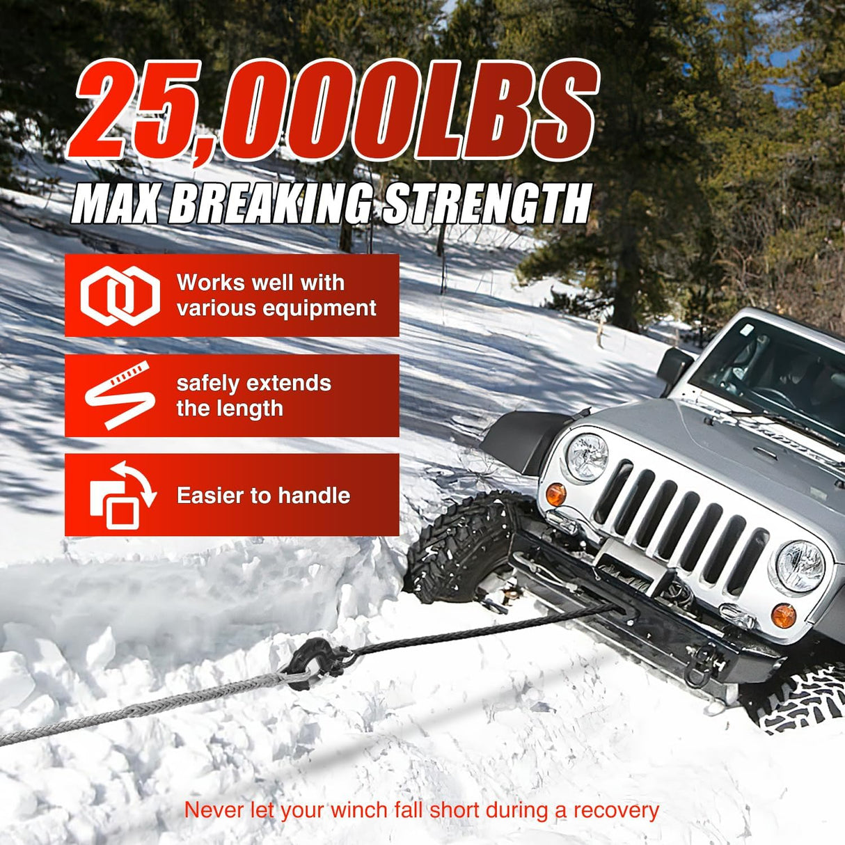 Winch Rope Synthetic Winch Rope Extension 3/8 Inch x 50 Feet 25,000 Lbs ATV Winch Extension Cable Replacement Tow Ropes Line for Off Road Vehicle Polaris ATV UTV Truck SUV Jeep, Grey
