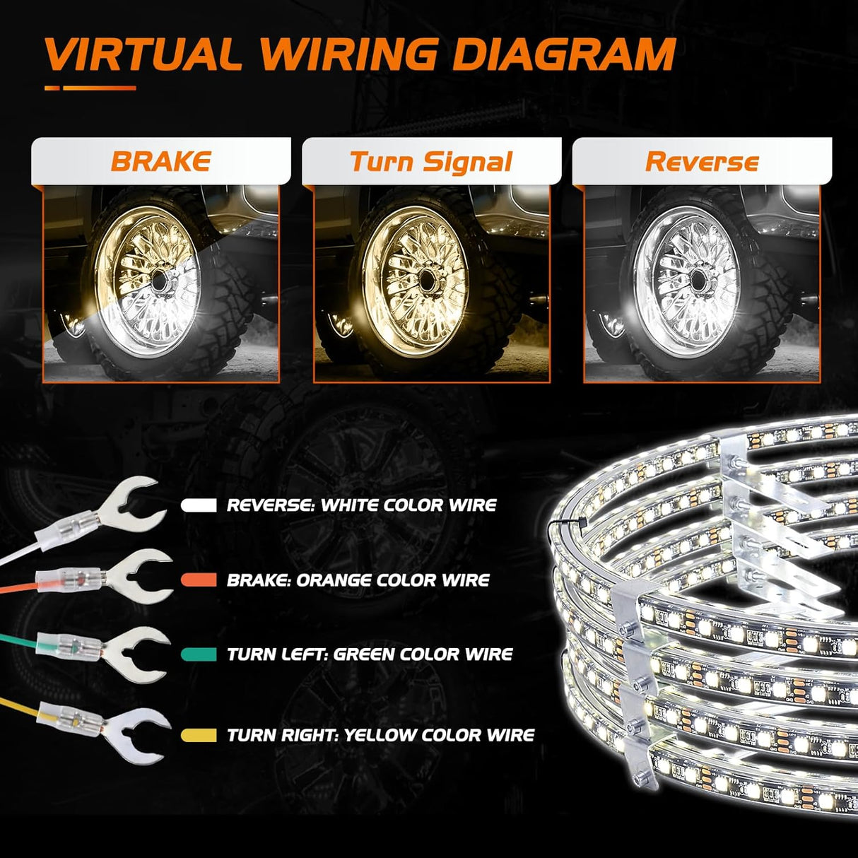 4PCS 17inch Double Row LED Wheel Ring Lights Pure White with Remote Control w/Turn Signal Braking and Reverse Function Dual Row for Car Van SUV Truck