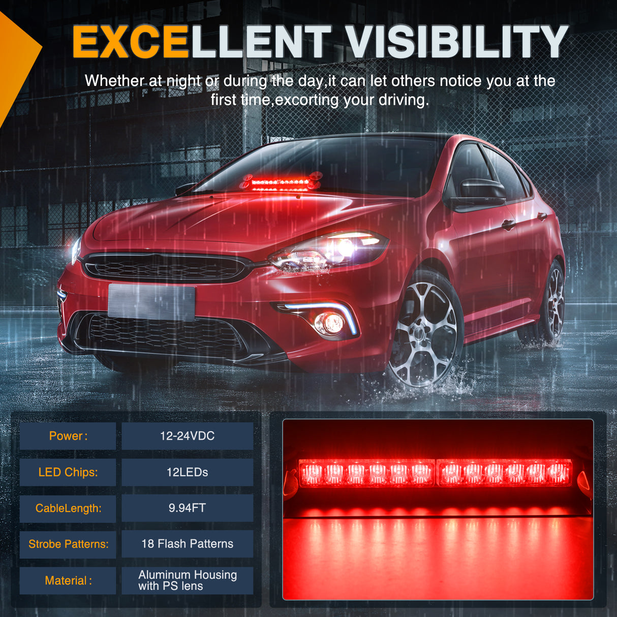 12LED Traffic Advisor Strobe Light Bar Red Emergency Warning Hazard Safety Dash Front/Rear Windshield Flashing Lights for Cars Trucks Police Firefighter Plow Construction Vehicles