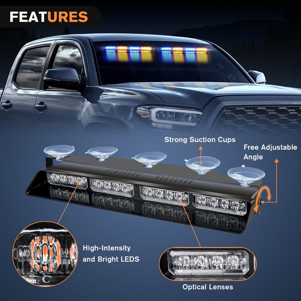 led strobe light 32LED Amber Blue Emergency Dash Strobe Lights with Controller Suction Cups