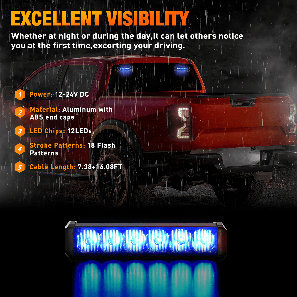 Led Strobe Light 12LED Emergency Strobe Traffic Advisor Light Bar 2 in 1 Blue Dash Warning Safety Flashing Lights Front/Rear Windshield Construction Lights for Trucks Cars Plow Police Firefighter Vehicles