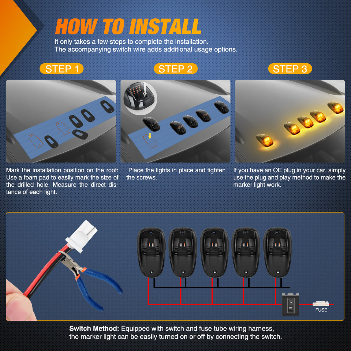 Nilight Cab Roof Marker Light 5 PCS 16 LED Smoked Lens Amber Top Clearance Lights Kit Waterproof Surface Mount for Ford Dodge Ram SUV POV Pickup Trucks