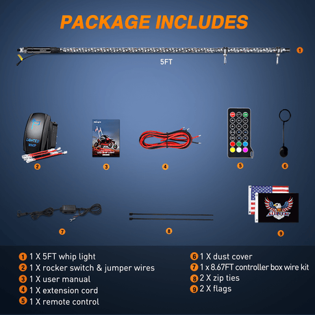 LED Whip Light Nilight RGB Whip Light 1PC 5FT Lighted Antenna Whips with Remote & App Control DIY Chasing Patterns Brake Reverse Lights for ATV UTV Polaris RZR Can-am Dune Buggy Pickup Trucks Jeep