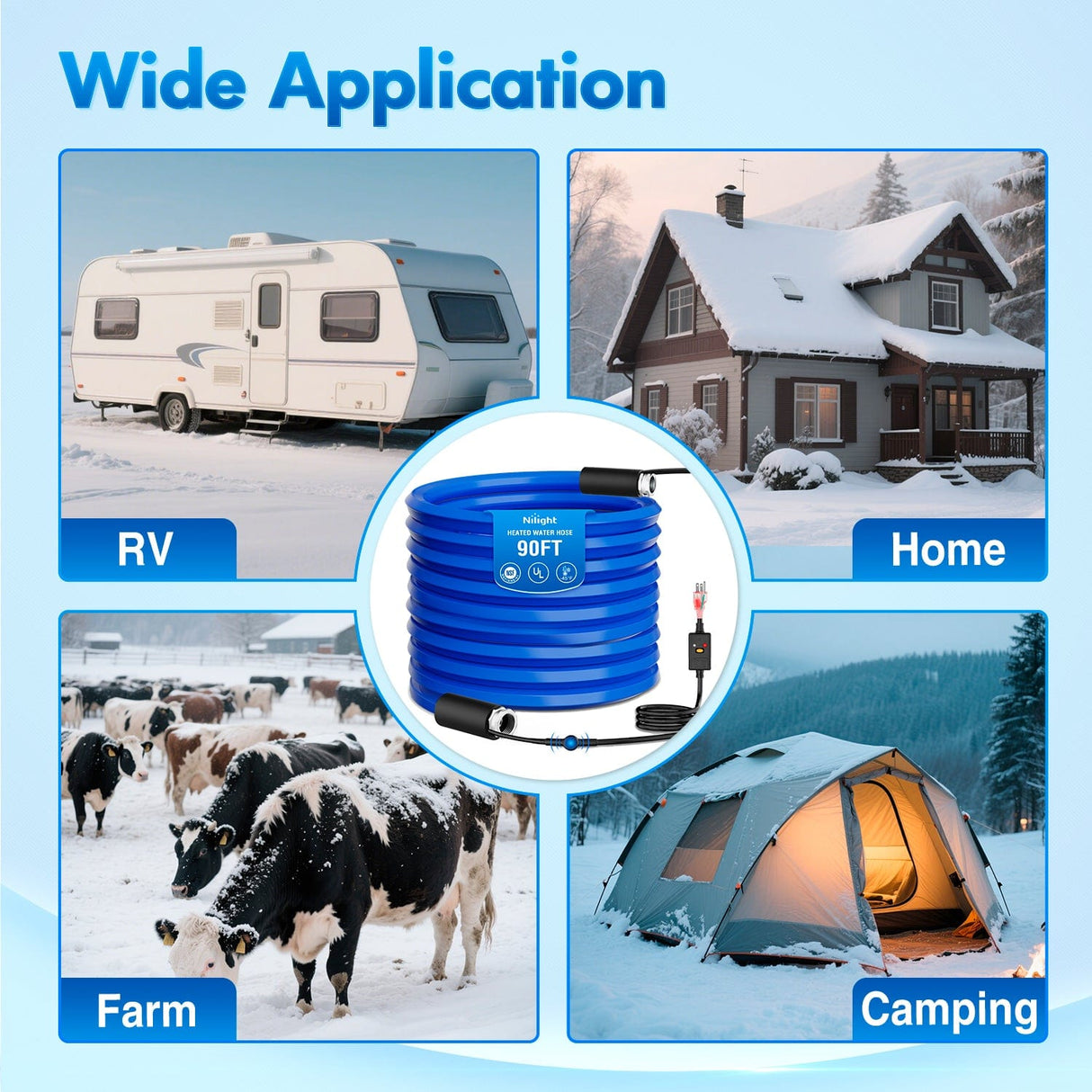 RV Parts 90FT Heated Water Hose RV 5/8inch Inside Diameter -45°F Freeze Protaction Antifreeze Garden Drinking Hoses with Saving Thermostat and Smart Heat System for Winter Camper Supply Accessories