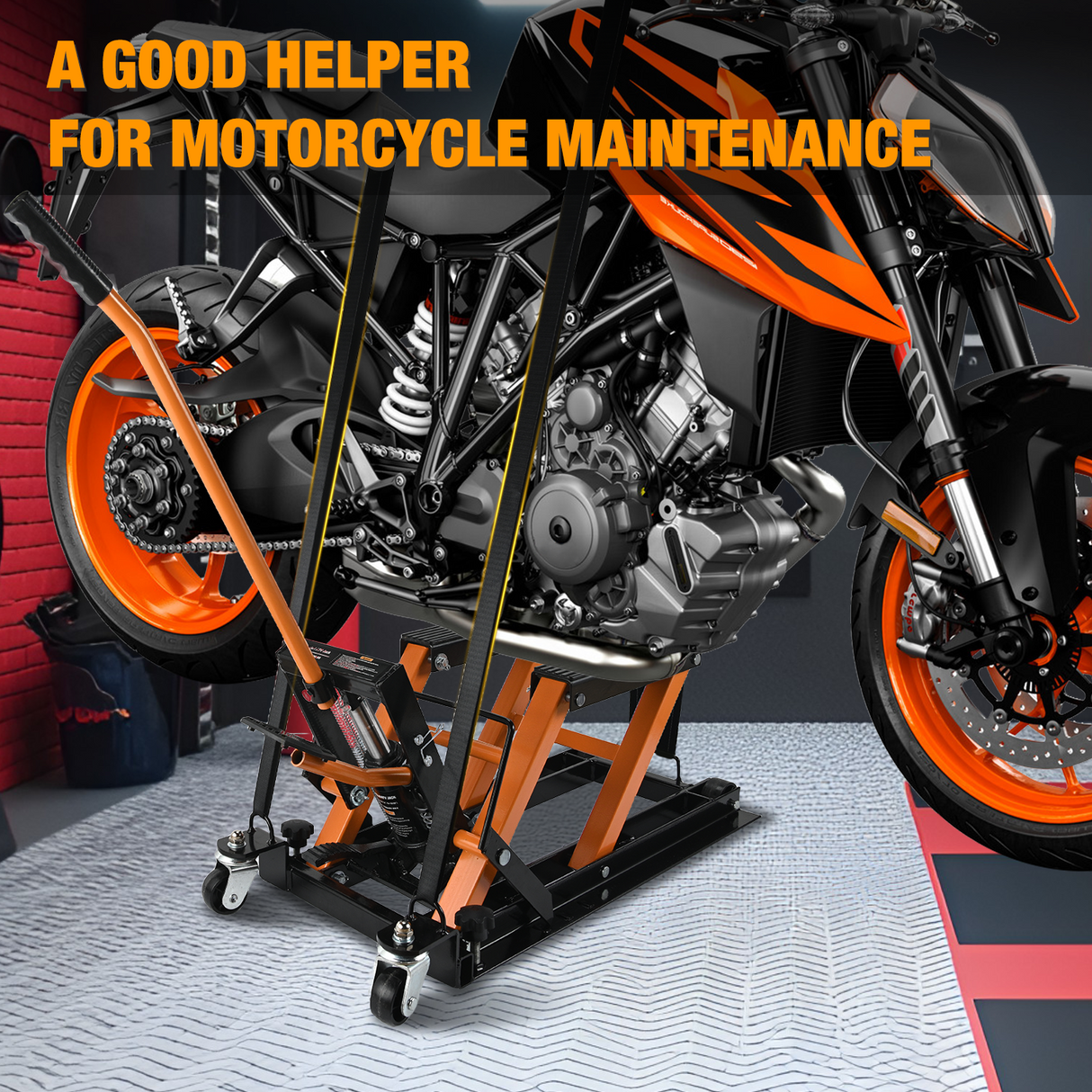 Motorcycle Lift Jack 1500 LBS Hydraulic Lifts ATV Scissor Jacks with Wheel Foot Pedal Handle Ratchet Belt Heavy Duty Lifter Stand Hoist Table for Dirt Bike Garage Storage Repair Tool,Orange