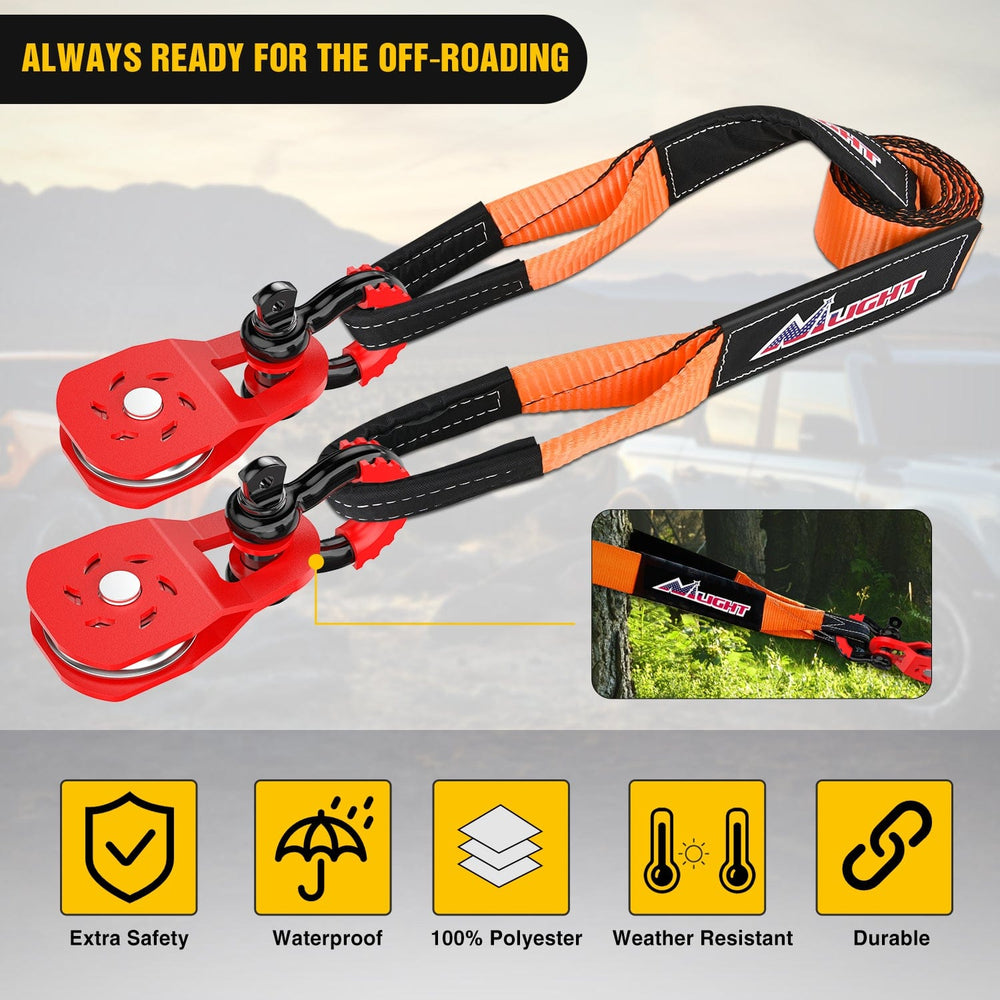 Shackle Recovery Ring 3 x 8 Inch Tow Strap with Winch Snatch Block Pulley and D-Ring Shackles