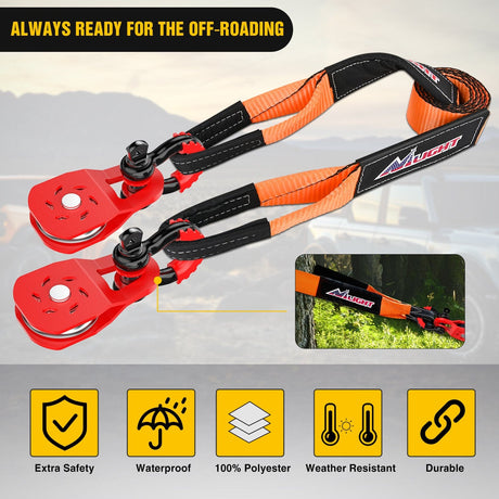 Shackle Recovery Ring 3 x 8 Inch Tow Strap with Winch Snatch Block Pulley and D-Ring Shackles