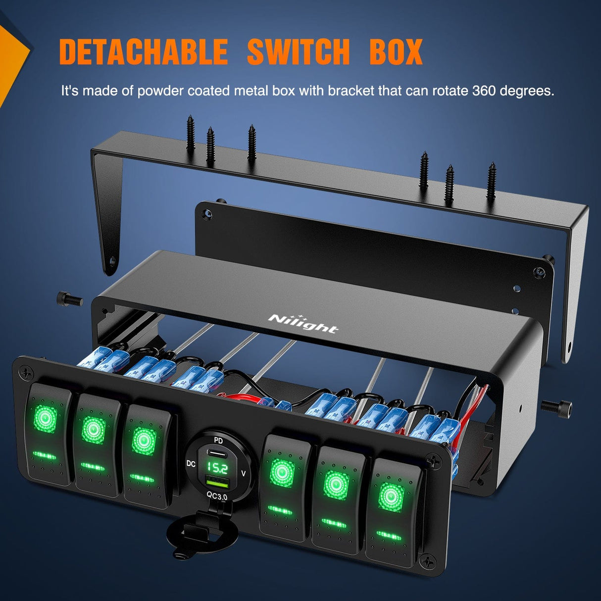 Rocker Switch 6Gang Aluminum ON/Off Rocker Switch Box w/ QC 3.0 Dual USB Charger Voltmeter