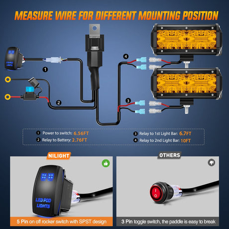LED Light Bar 2PCS 6.5Inch Amber 120W Led Light Bar with 16AWG 5Pin Rocker Switch Wiring Harness Kit 2 Leads