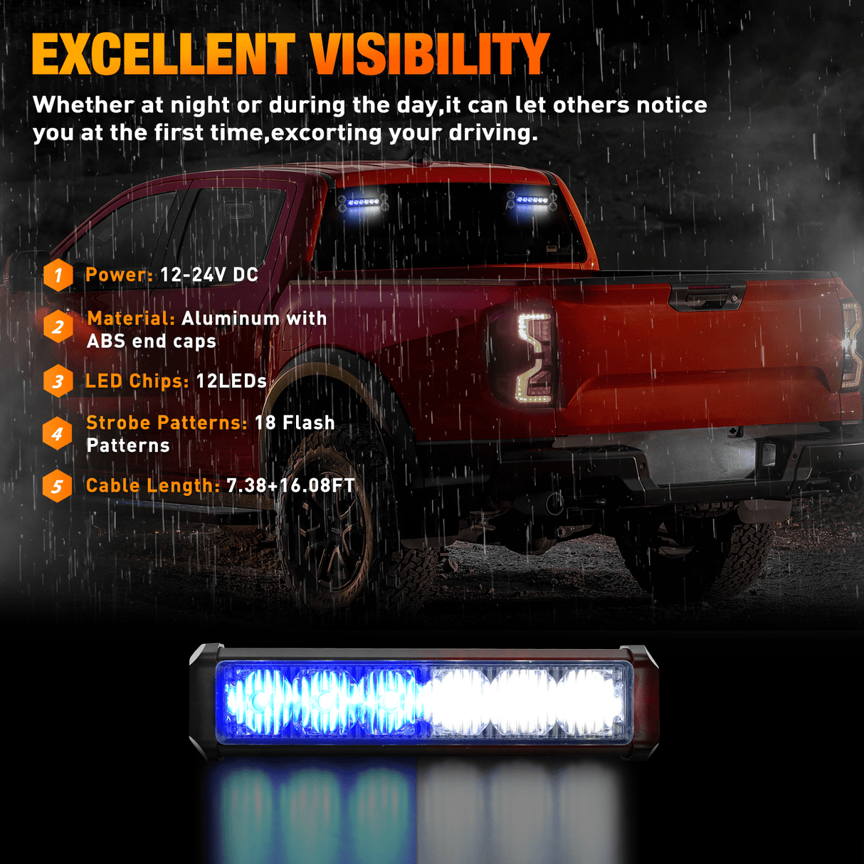 Led Strobe Light 12LED Emergency Strobe Traffic Advisor Light Bar 2 in 1 Blue White Dash Warning Safety Flashing Lights Front/Rear Windshield Construction Lights for Trucks Cars Plow Police Vehicles