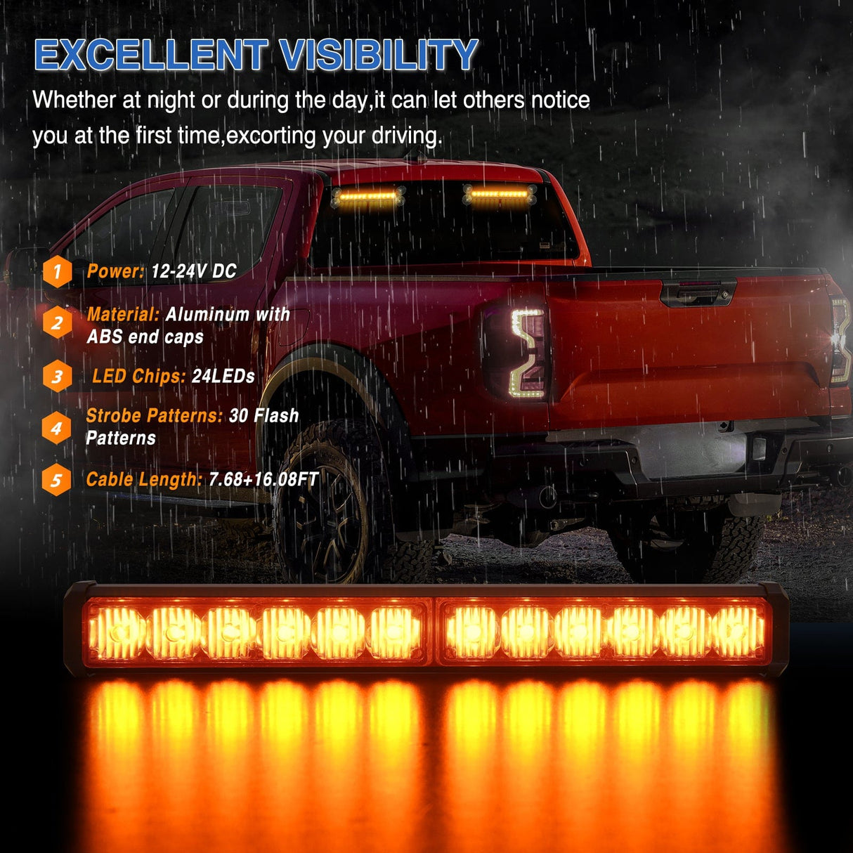 Led Strobe Light 24LED Emergency Strobe Traffic Advisor Light Bar 2 in 1 Amber Dash Warning Safety Flashing Lights Front/Rear Windshield Construction Lights for Trucks Cars Plow Police Firefighter Vehicles