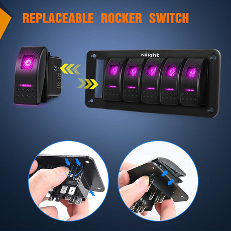 Rocker Switch 6Gang Aluminum 5Pin ON/Off Rocker Switch Panel Purple