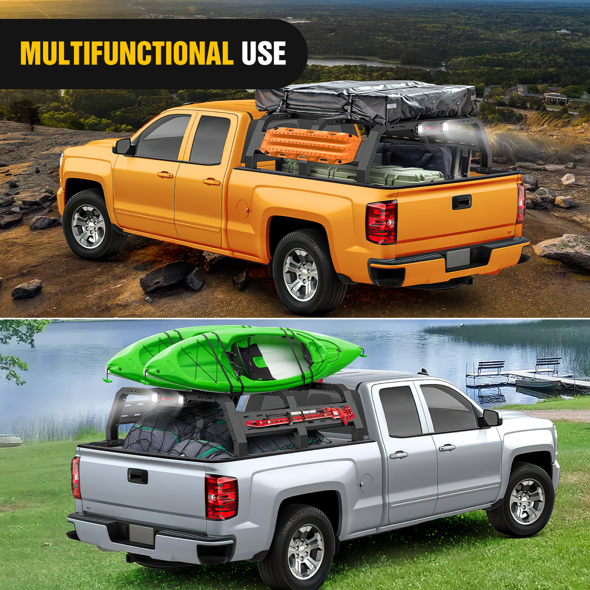 Nilight Truck Bed Cargo Rack Compatible with 2002-2024 Dodge Ram 1500 2014-2024 Chevy Silverado 1500 2009-2024 Ford F150 2007-2013 Toyota Tundra Overland Extender with 2Pcs LED Light Pods