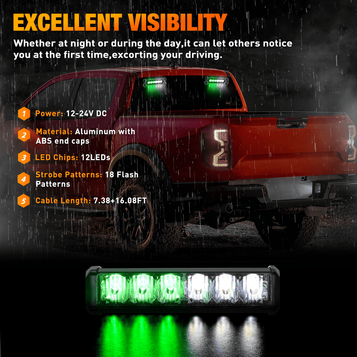 Led Strobe Light 12LED Emergency Strobe Traffic Advisor Light Bar 2 in 1 Green White Dash Warning Safety Flashing Lights Front/Rear Windshield Construction Lights for Trucks Cars Plow Police Vehicles