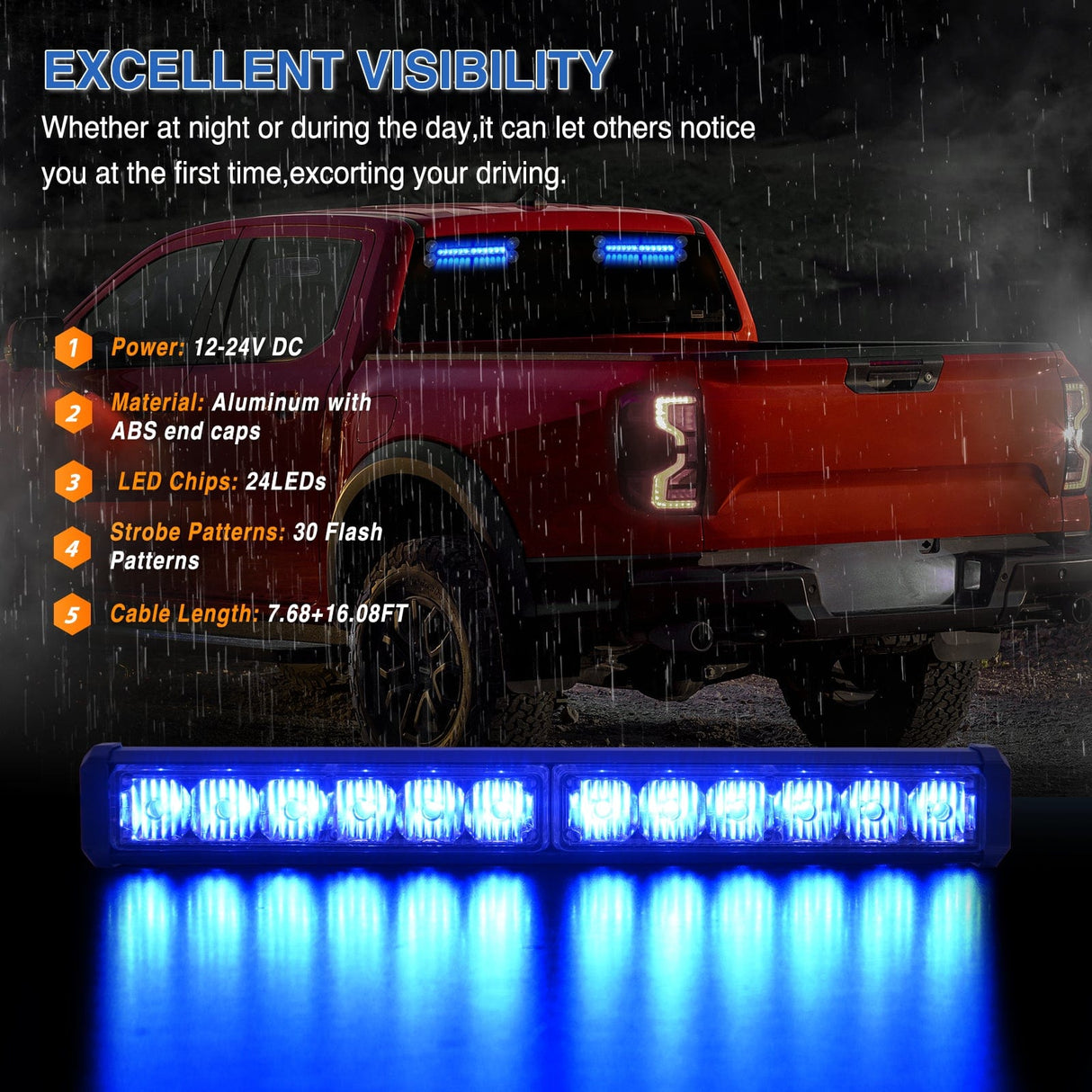 Led Strobe Light 24LED Emergency Strobe Traffic Advisor Light Bar 2 in 1 Blue Dash Warning Safety Flashing Lights Front/Rear Windshield Construction Lights for Trucks Cars Plow Police Firefighter Vehicles
