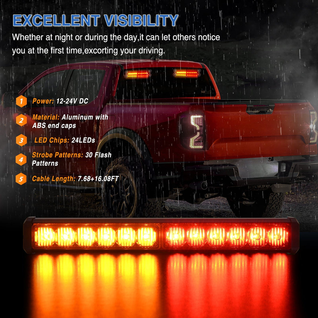 Led Strobe Light 24LED Emergency Strobe Traffic Advisor Light Bar 2 in 1 Amber Red Dash Warning Safety Flashing Lights Front/Rear Windshield Construction Lights for Trucks Cars Plow Police Firefighter Vehicles