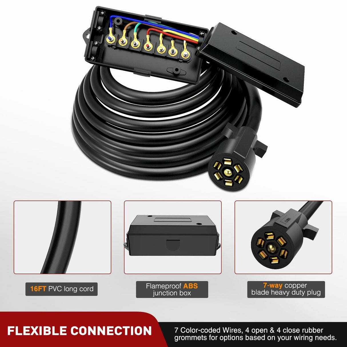 Wiring Harness Kit 16 Feet Heavy Duty 7 Way Inline Trailer Plug with 7 Gang Junction Box