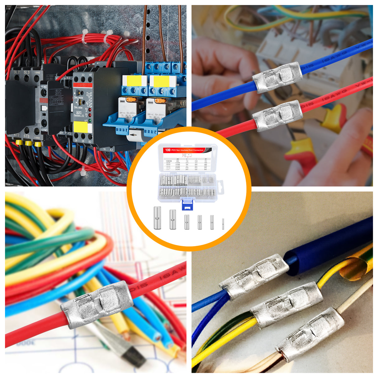 Nilight 100PCS Non Insulated Butt Connectors Kit AWG 24-8 Uninsulated Crimp Butt Connectors Pure Copper Tin Coated Crimp Terminals for Motorcycle Motorbike Car Truck Boats