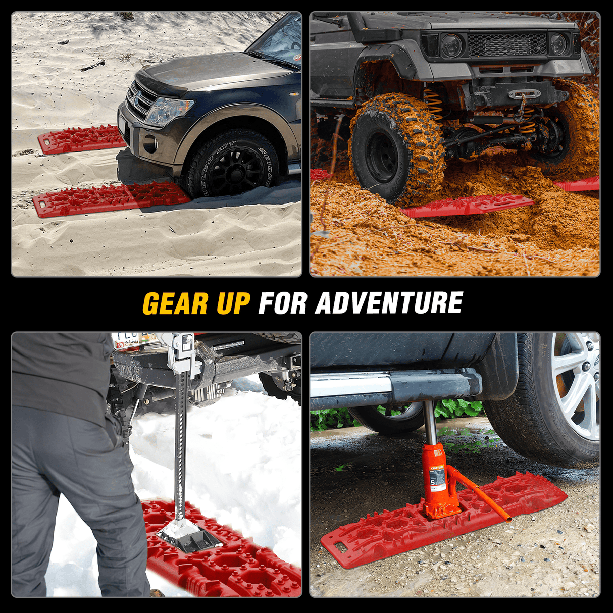 Traction Boards Off-Road Recovery Traction Boards For 4WD 4X4 with Jack Lift & Carry Bag (Red)