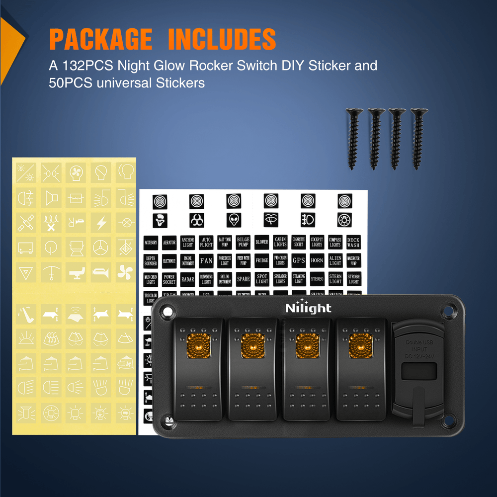 Rocker Switch 4 Gang Switch Panel With QC3.0 & PD Charger And Voltmerter with Orange Backlit